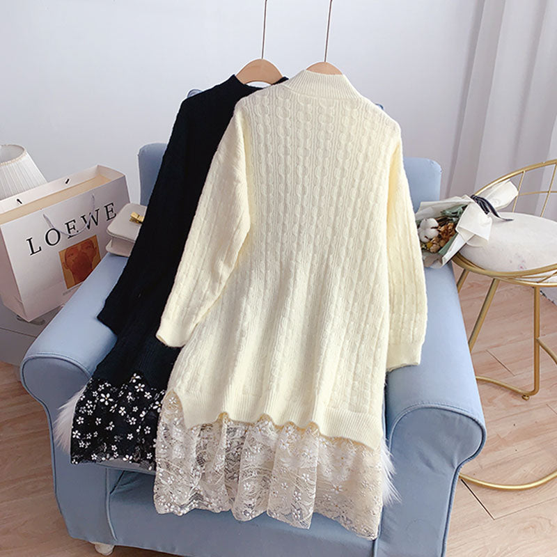 Robe en laine avec coutures en dentelle et bas en tricot 5054