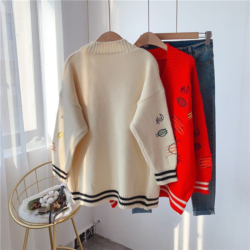 Cardigan tricoté rouge en filet ample et paresseux à l'extérieur 4983