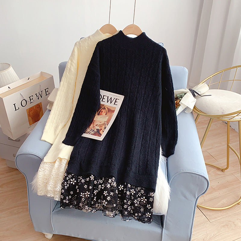 Robe en laine avec coutures en dentelle et bas en tricot 5054