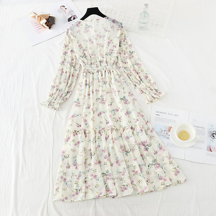 Nouveau vent doux, slim slim, taille élastique, robe fleurie en mousseline de soie froissée 4714