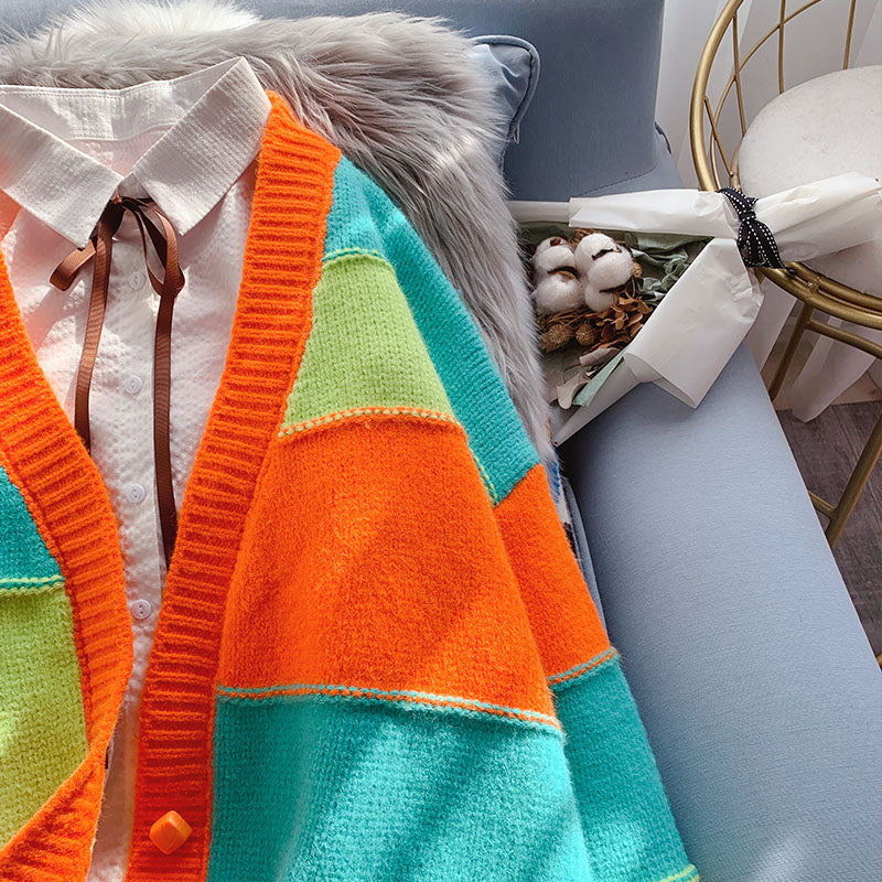 Pull cardigan rayé de couleur pull fruit manteau 4959