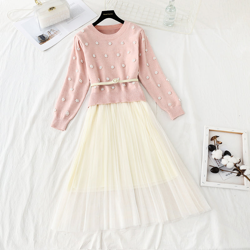 Ensemble deux pièces mi-long en tricot avec pull et jupe à fond en maille 4773