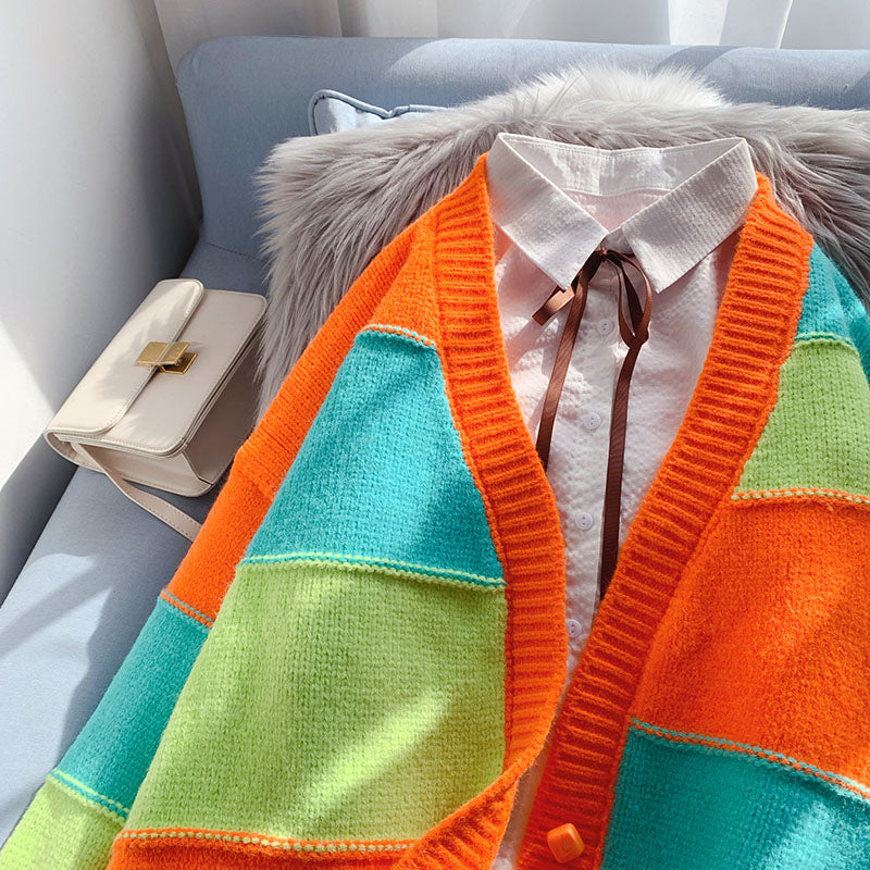 Pull cardigan rayé de couleur pull fruit manteau 4959