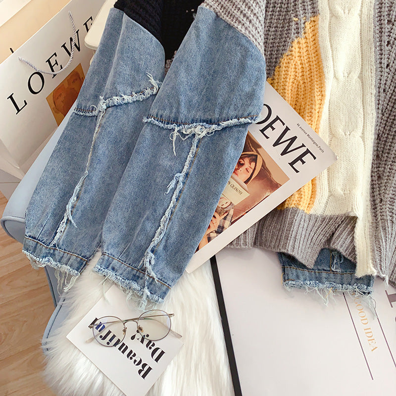 Pull à manches en denim cousues, haut de niche 4923