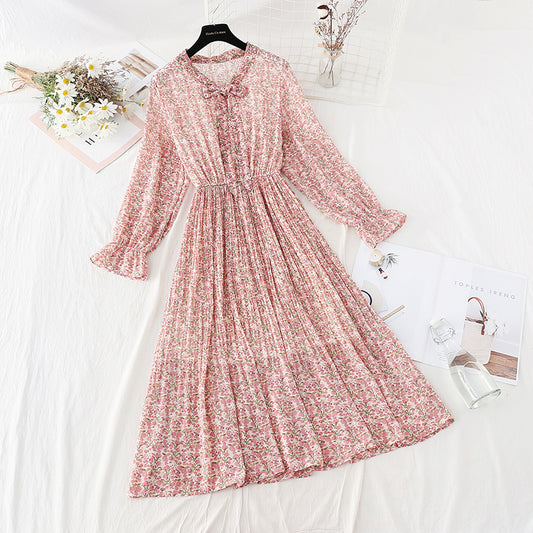 New Chiffon bow pleated skirt elastic waist thin age reducing Floral Dress  4807