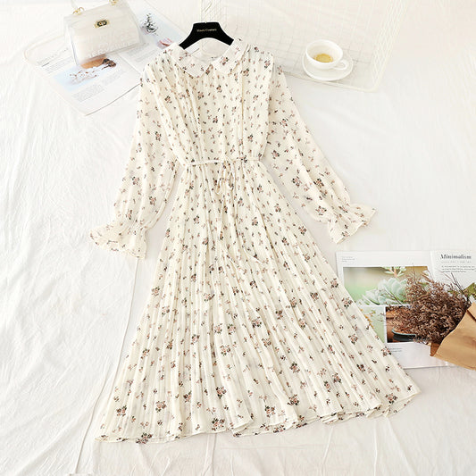 New cut waist slim French floral pleated skirt  4723