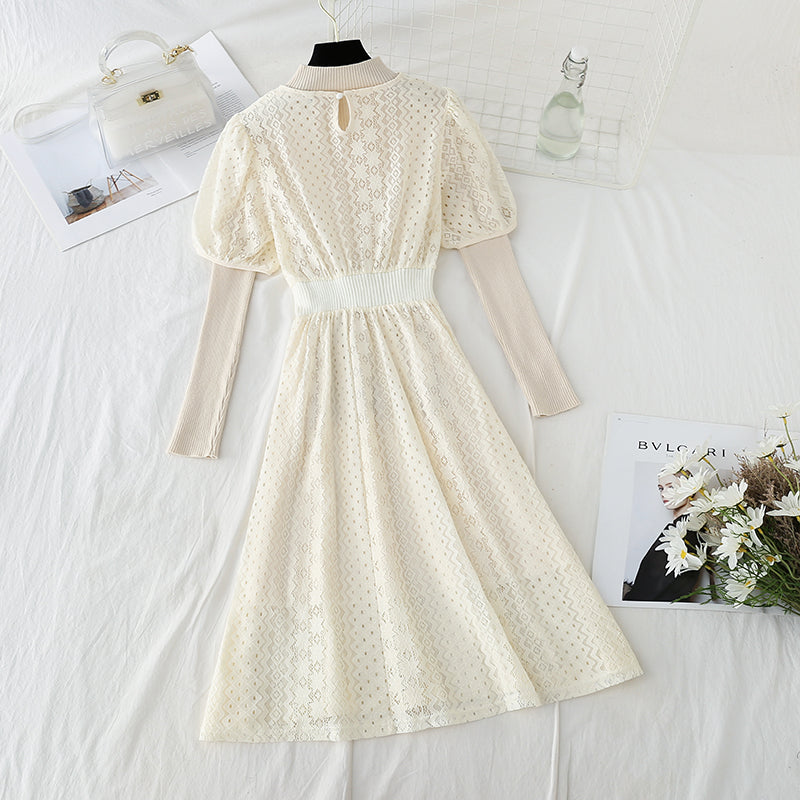 Robe en dentelle tendance mode femme tricotée col mi-haut intérieur assorti 4907