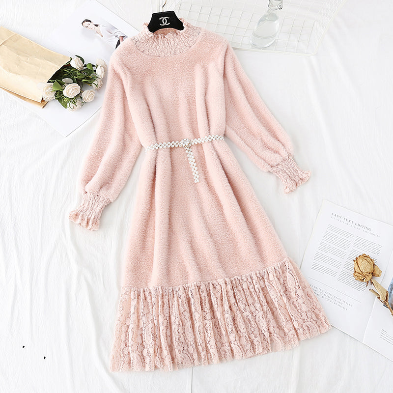 Pull en vison longueur genou avec coutures en dentelle de style nouveau avec jupe inférieure 4767