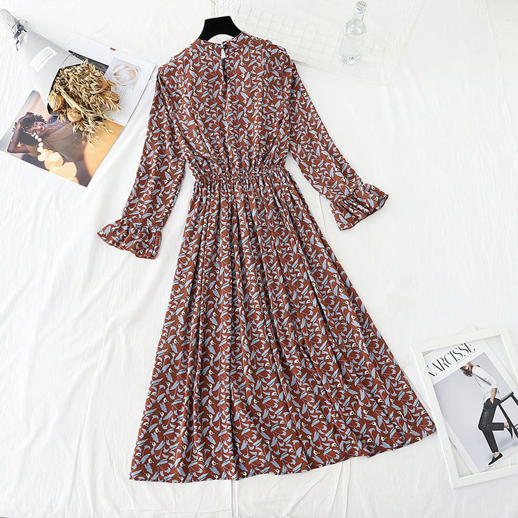Ruffle sleeve waist closing slim large swing Floral Dress  4830