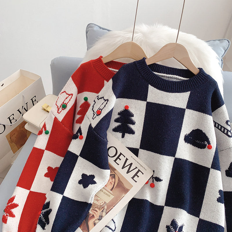 Pull rouge à thème de Noël en tricot bas de chemise 4962