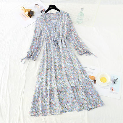 Nouvelle robe fleurie à manches longues et à lacets en mousseline de soie fine et coupe-vent 4719