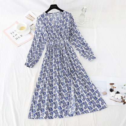 Robe en mousseline de soie à col en V et fermeture à la taille, jupe florale coupe-vent mince et légère 4806