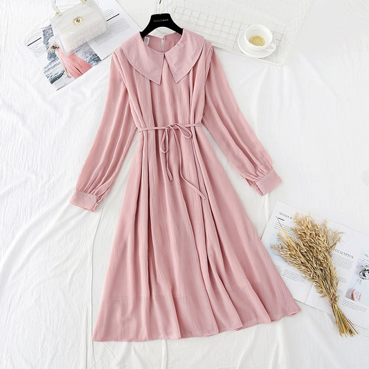 New solid color backing Lapel Chiffon Lace up gentle wind first love long skirt  4720
