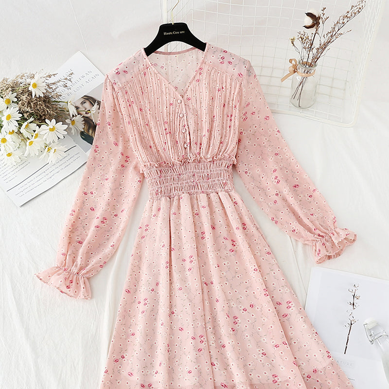 Pleated knee length floral dress gentle wind thin temperament slim skirt  4808