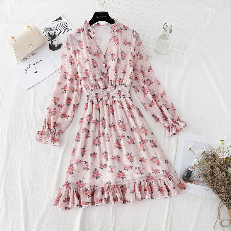 Nouvelle robe à fleurs à taille élastique et col en V pour femme, jupe en mousseline de soie 4813