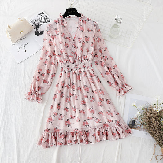 New female V Neck elastic waist Floral Dress Chiffon Skirt  4813
