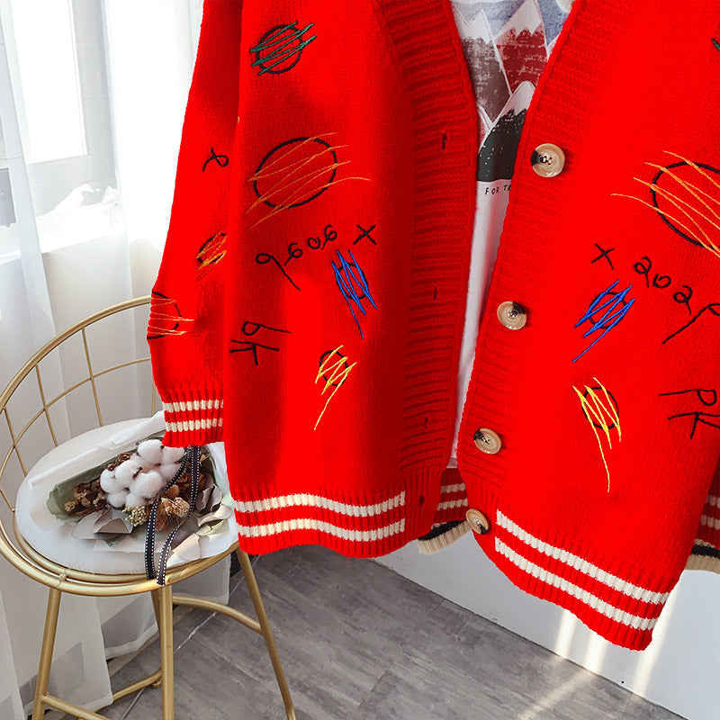 Cardigan tricoté rouge en filet ample et paresseux à l'extérieur 4983