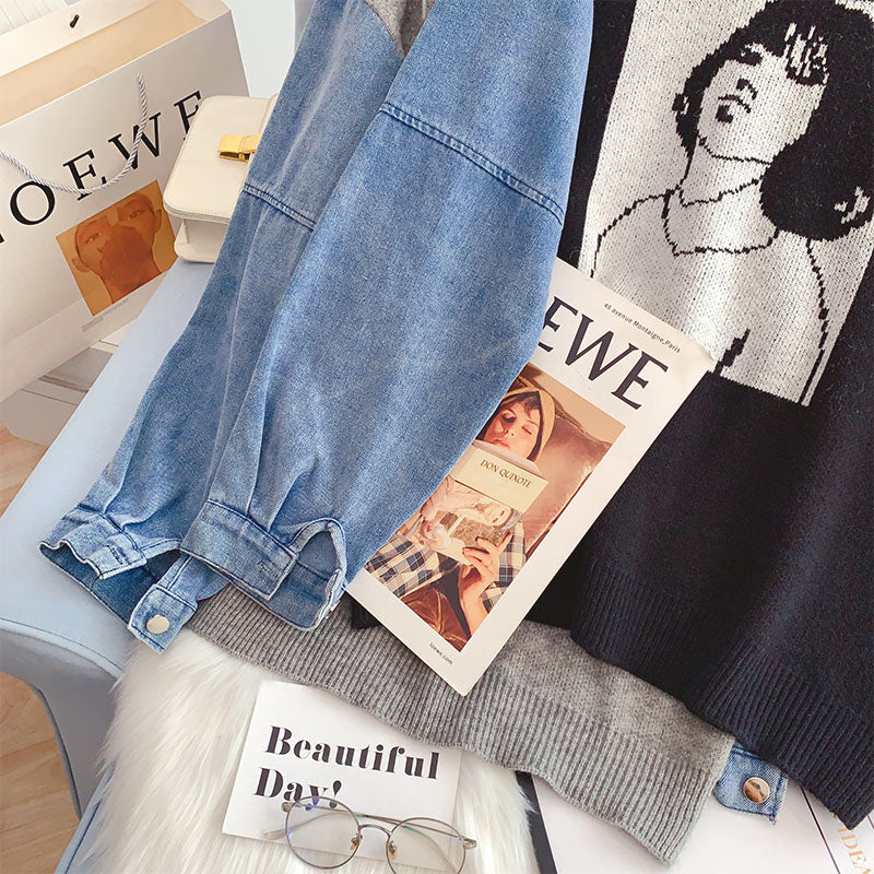 Pull en denim cousu au sens du design, faux deux femmes, saveur de port rétro 5050