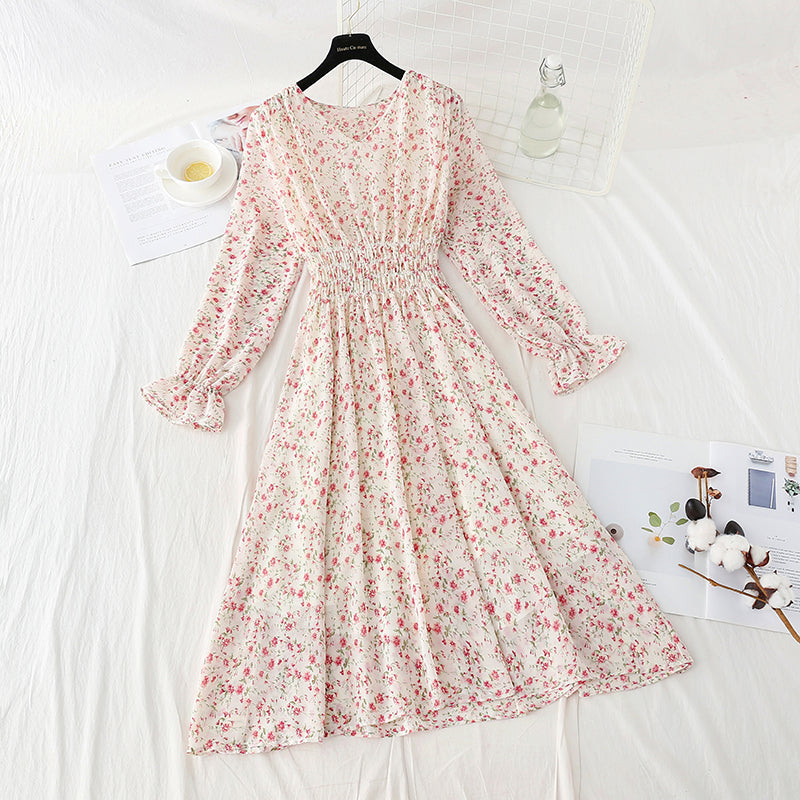 Neues, plissiertes Blumenkleid mit elastischer Taille für Damen 4816