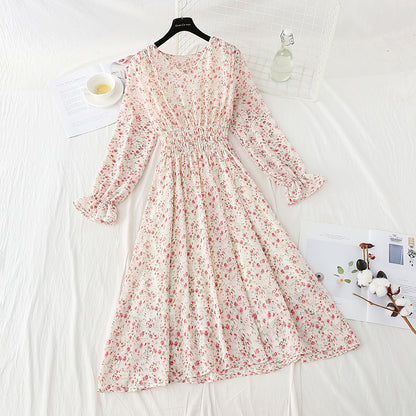 Neues, plissiertes Blumenkleid mit elastischer Taille für Damen 4816