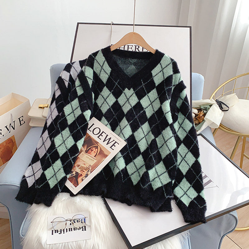 Pull à carreaux en velours imitation vison doux et paresseux 5006