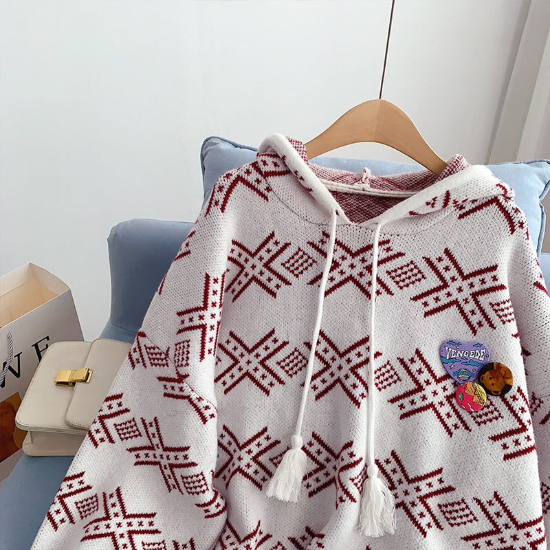 Pull à capuche rouge en filet Pull tricoté coréen 4992
