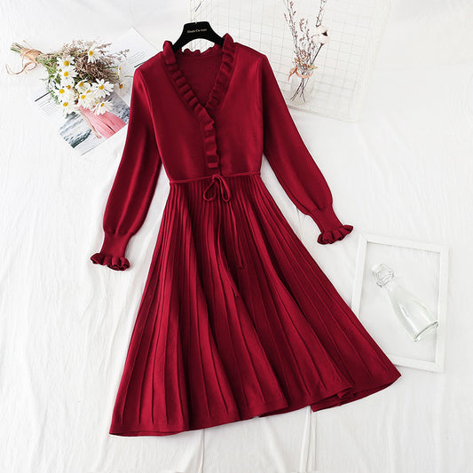New slim lace up knitted skirt over the knee with temperament Christmas skirt  4801