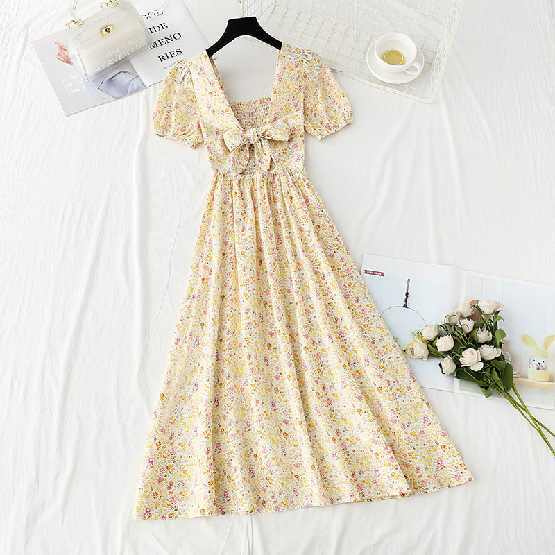 Nouvelle jupe fleurie en mousseline de soie dos nu à manches bouffantes 4896