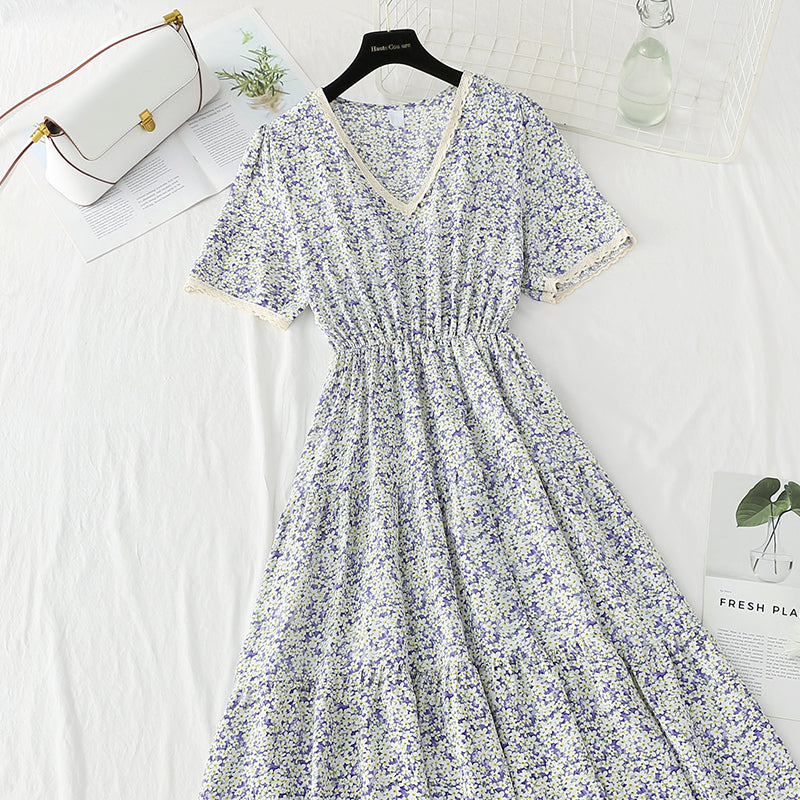 Nouvelle robe slim à col en V en dentelle rétro française en mousseline de soie à fleurs cassées 4873