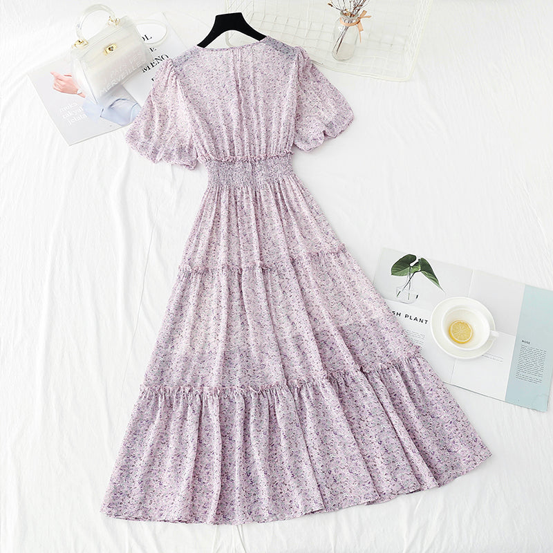 Robe fleurie coupe vent douce jupe féerique manches bouffantes jupe trapèze 4894