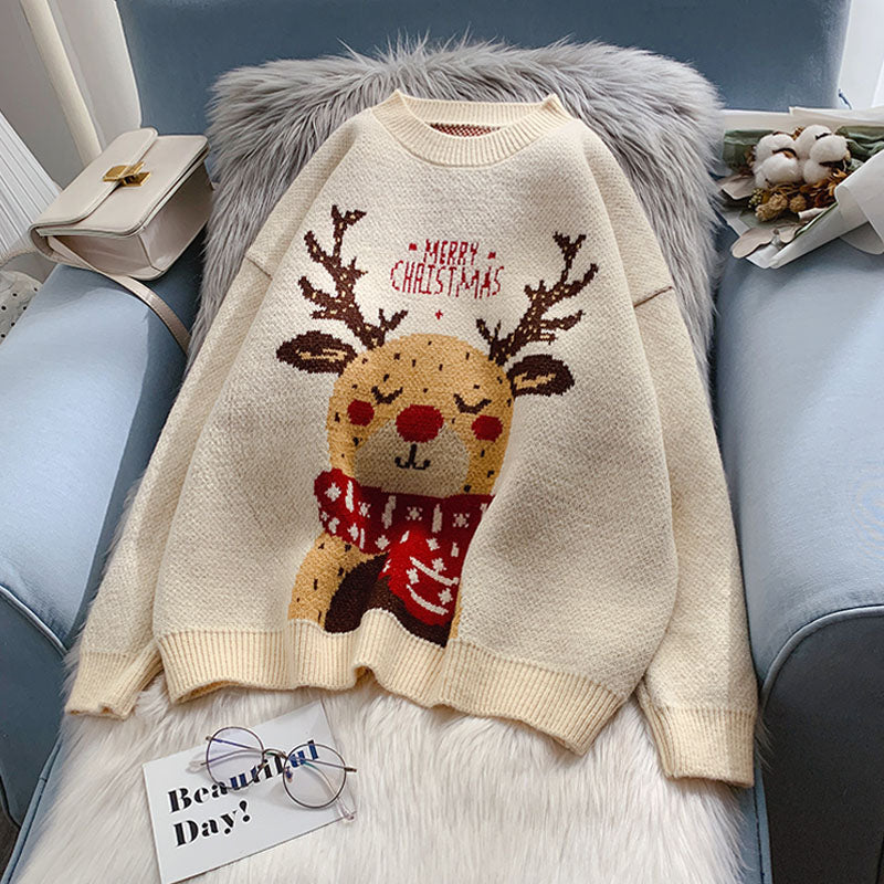 Pull de Noël en forme d'élan pour femme, haut épais 4919