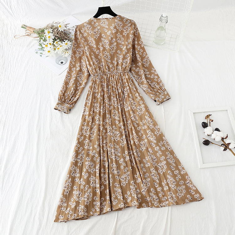 French V-neck pleated floral dress Vintage  4827