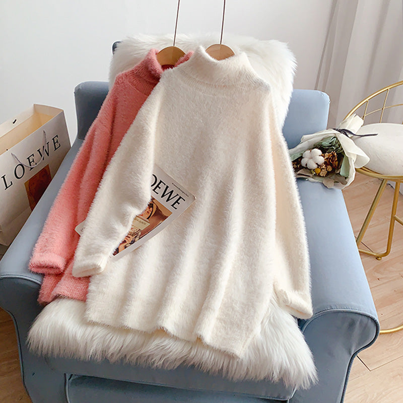 Pull col roulé imitation vison rose doux ciré femme 4940