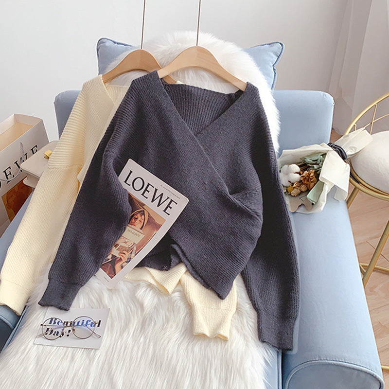 Pull coréen à col en V, haut ample vintage 4971