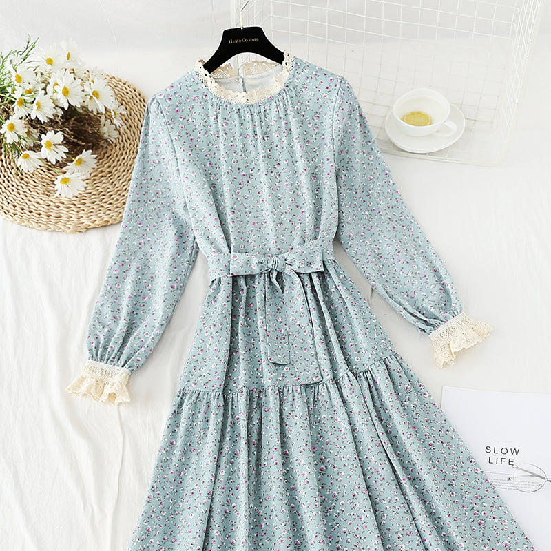 Robe fleurie rétro française jupe longue en mousseline de soie slim 4829
