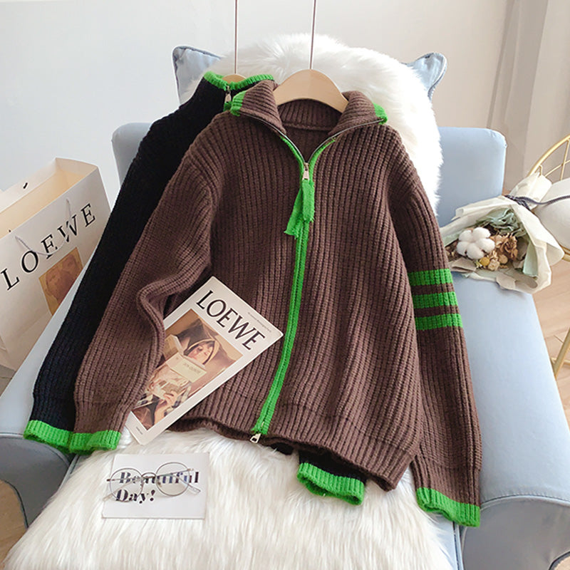 Cardigan à col montant et fermeture éclair pour femme au design paresseux 4953