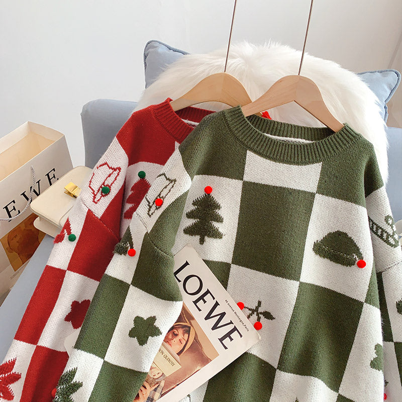 Pull rouge à thème de Noël en tricot bas de chemise 4962