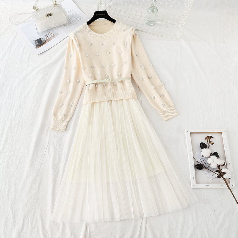 Ensemble deux pièces mi-long en tricot avec pull et jupe à fond en maille 4773