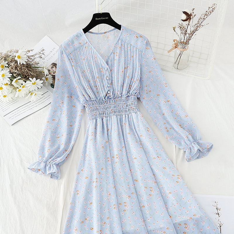 Pleated knee length floral dress gentle wind thin temperament slim skirt  4808