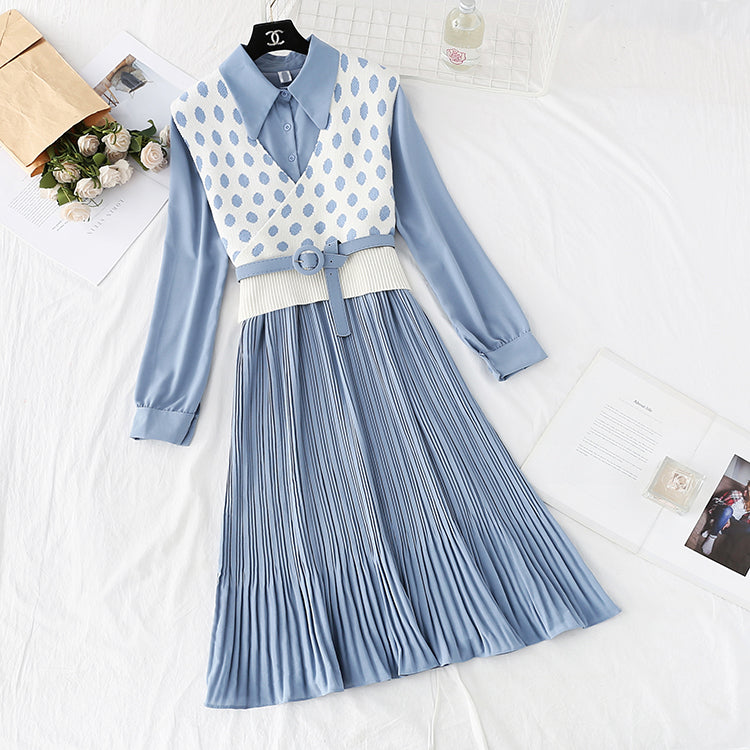 Costume deux pièces à jupe longue et gilet à points ondulés rétro français 4732