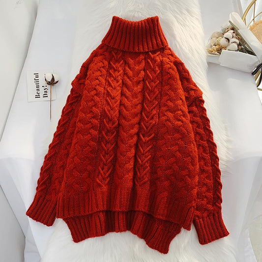 Pull rouge à col montant torsadé pour femme, style ample et décontracté 4911