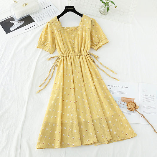Square neckline Floral Chiffon Skirt French waist closing slim  4665