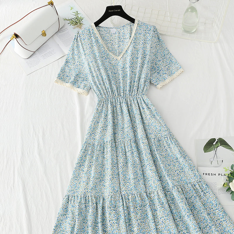 Nouvelle robe slim à col en V en dentelle rétro française en mousseline de soie à fleurs cassées 4873