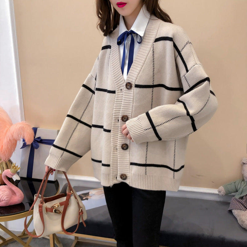 Cardigan pull Harajuku Plaid ample et polyvalent 4913
