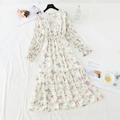 Nouveau vent doux, slim slim, taille élastique, robe fleurie en mousseline de soie froissée 4714