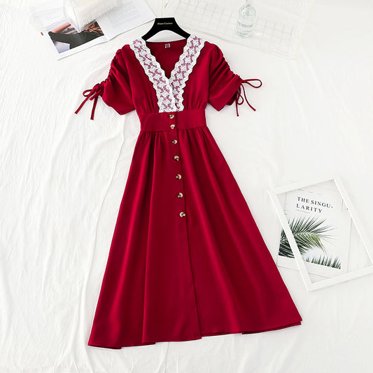 New Lace Waist closing slim bubble sleeve French retro dress  4622