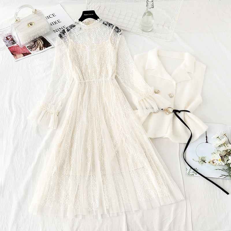 Ensemble deux pièces robe gilet jupe en dentelle super fée 4740