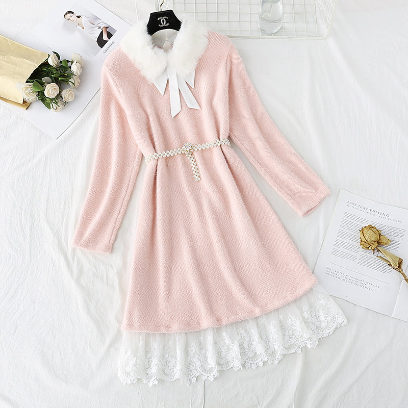 Robe tricotée en laine hippocampe imitation deux pièces de dentelle cousue 4777