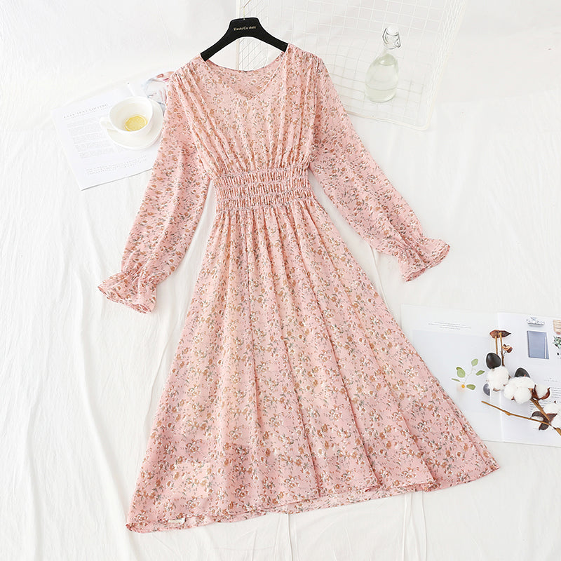 Neues, plissiertes Blumenkleid mit elastischer Taille für Damen 4816