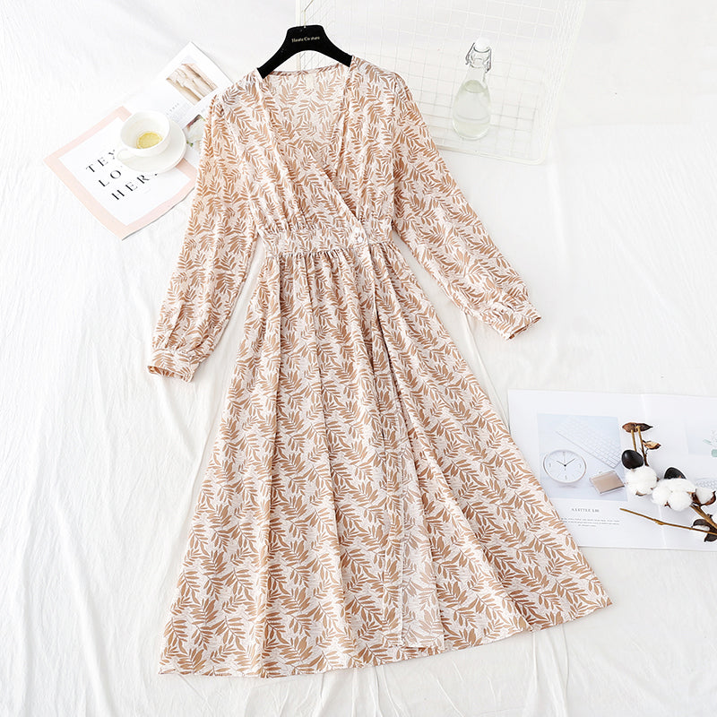 Robe en mousseline de soie à col en V et fermeture à la taille, jupe florale coupe-vent mince et légère 4806